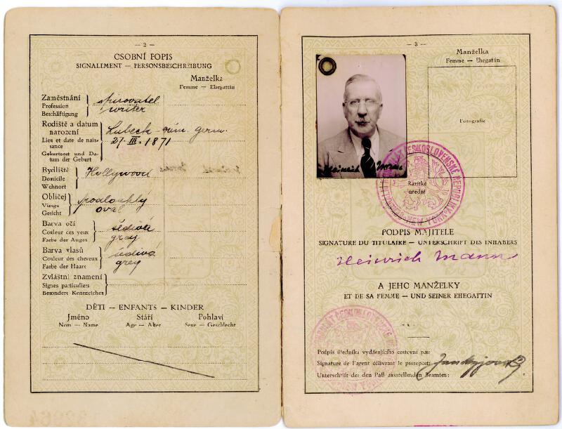 Heinrich Mann - Cestovní pas vydaný Generálním konzulátem Československé republiky v New Yorku 