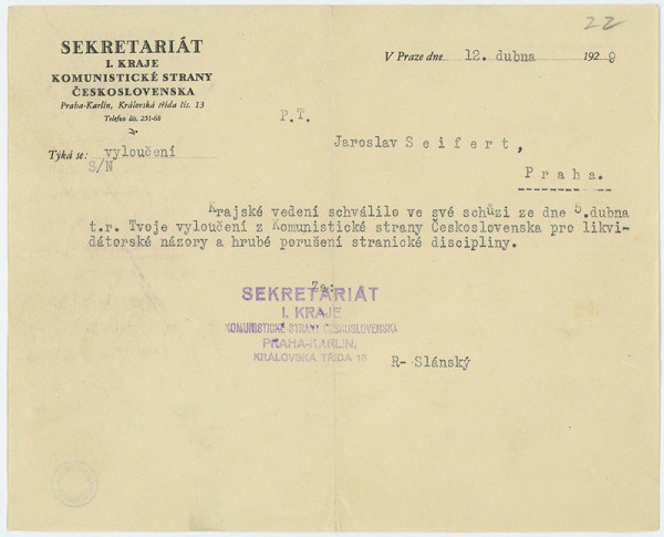 Jaroslav Seifert - Oznámení o vyloučení Jaroslava Seiferta z komunistické strany Československa pro likvidátorské názory a porušení stranické disciplíny z roku 1929 podepsané Rudolfem Slánským 