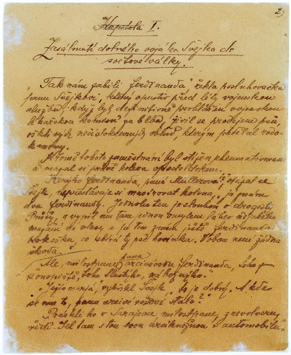 Jaroslav Hašek - Ukázka rukopisu z románu Osudy dobrého vojáka Švejka za světové války (první stránka 1. kapitoly, I. díl) 