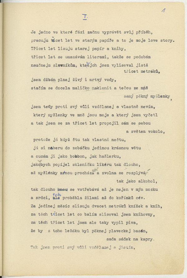 Bohumil Hrabal - Hlučná samota, první list rukopisu veršované varianty 
