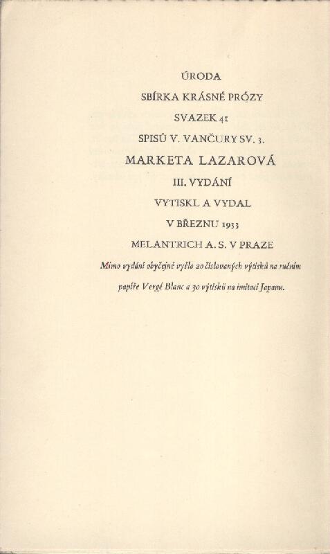 Vladislav Vančura - Marketa Lazarová, 3. vydání 