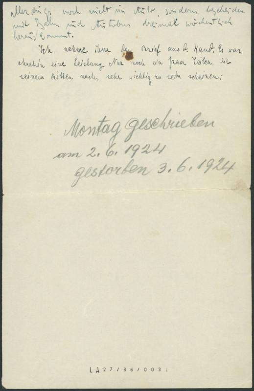 Franz Kafka - Poslední dopis ze sanatoria z Kierlingu, závěrečná strana 